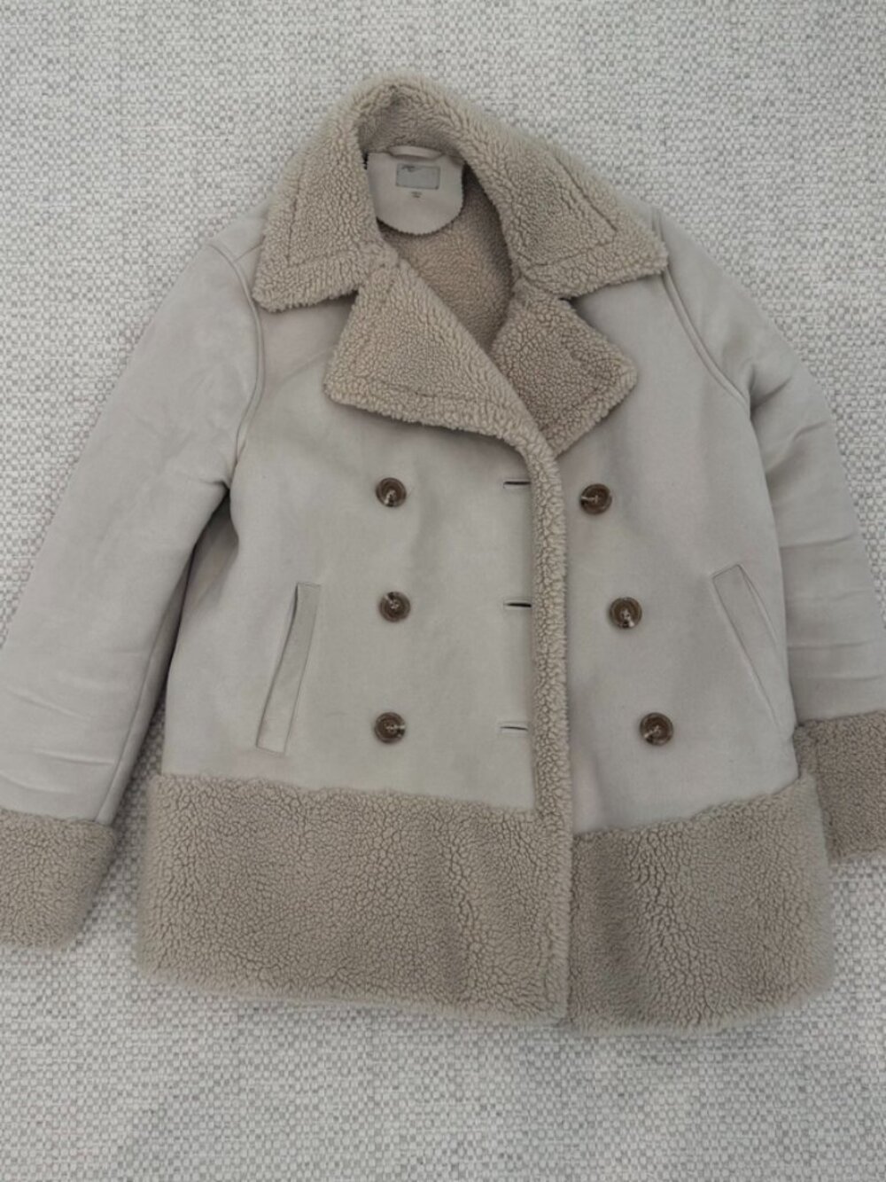 MOTHER Suede Shearling Double Breasted Jacket Cream L